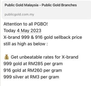 Harga jual emas 916, 999 Public Gold 4 Mei 2023