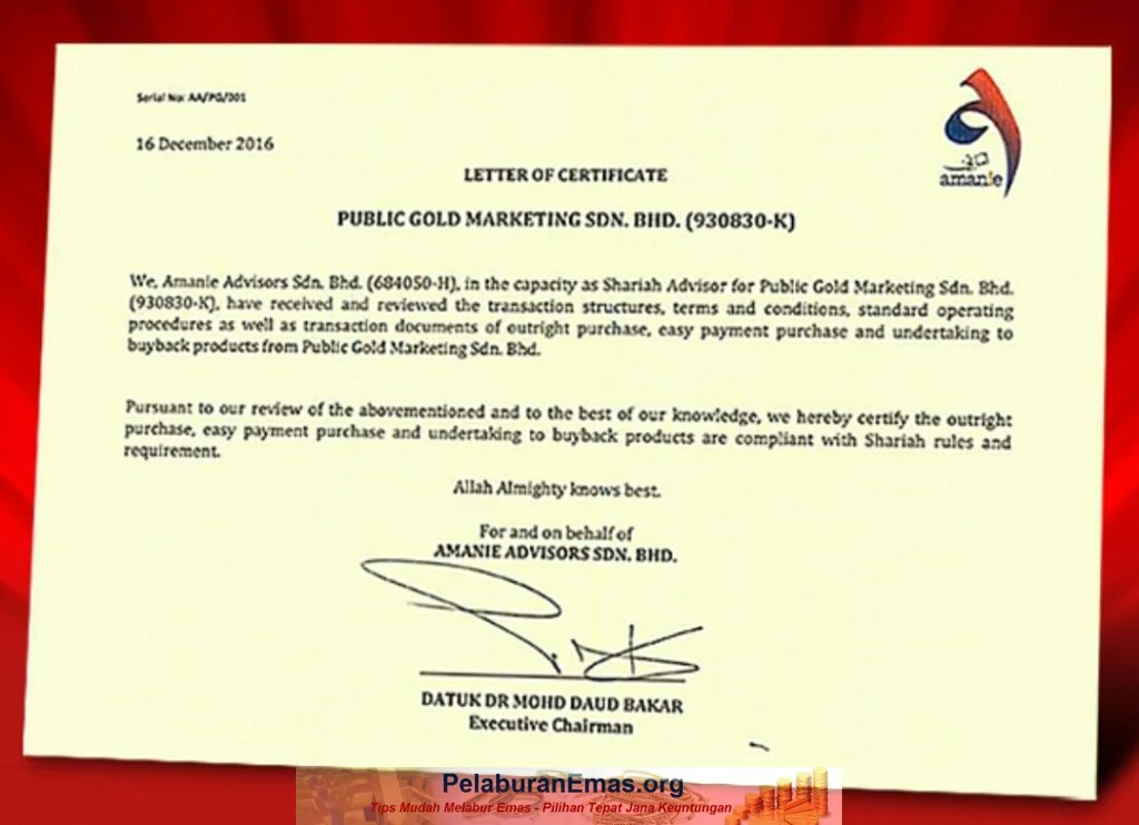 Sijil patuh syariah Public Gold Outright Purchase, EPP emas fizikal.